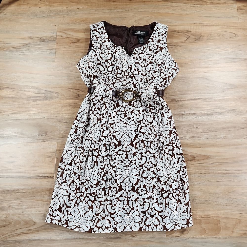 🔺️RB Collection NY Brown & White Print Sleeveless Dress Size 12